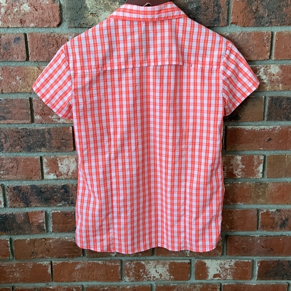 North Face Red Orange & White Plaid Short Sleeve Hiking Top - Picture 5 of 7